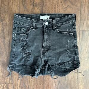Western Cowgirl Sz 2 Black High Rise Distress‎ Raw Hem Stretchy Jean Shorts H&M